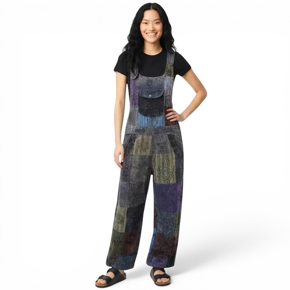 Ark Imports Enya Hand Printed Patchwork Cotton Overalls Women’s Size Small - Picture 10 of 10